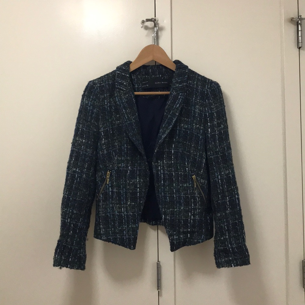 Zara basic tweed pattern green blazer jacket M